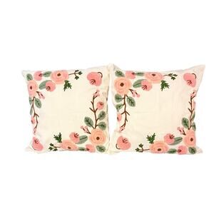 2 Elegant Embroidered Floral Throw Pillow Covers Machine Washable, Zip Closure